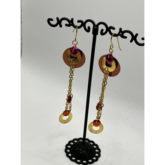 Shiny Pink Gold-Tone Long Dangle Earrings Vintage! - Picture 3 of 9